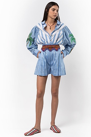 Pastel Blue & White Hand Embroidered Oversized Shirt by Rara Avis