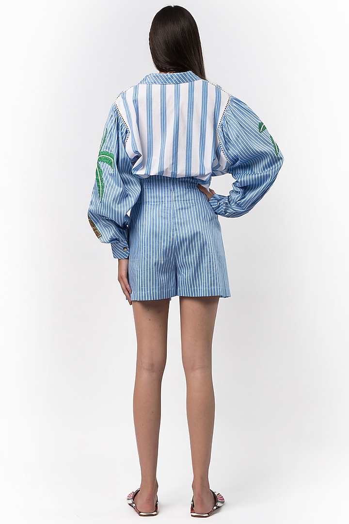 Pastel Blue & White Hand Embroidered Oversized Shirt by Rara Avis at Pernia's Pop Up Shop