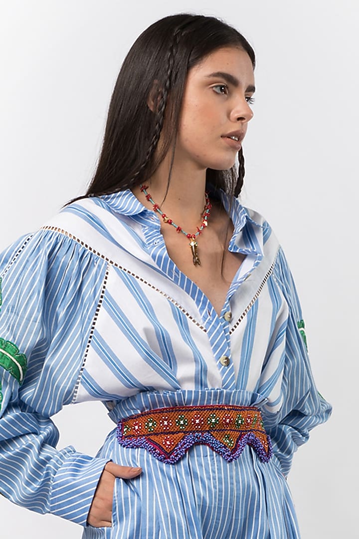 Pastel Blue & White Hand Embroidered Oversized Shirt by Rara Avis at Pernia's Pop Up Shop