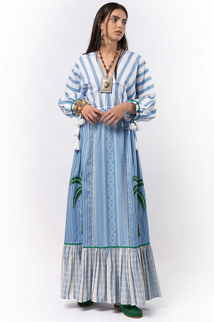 Sky Blue & White Cotton Hand Embroidered Maxi Cocktail Dress by Rara Avis at Pernia's Pop Up Shop