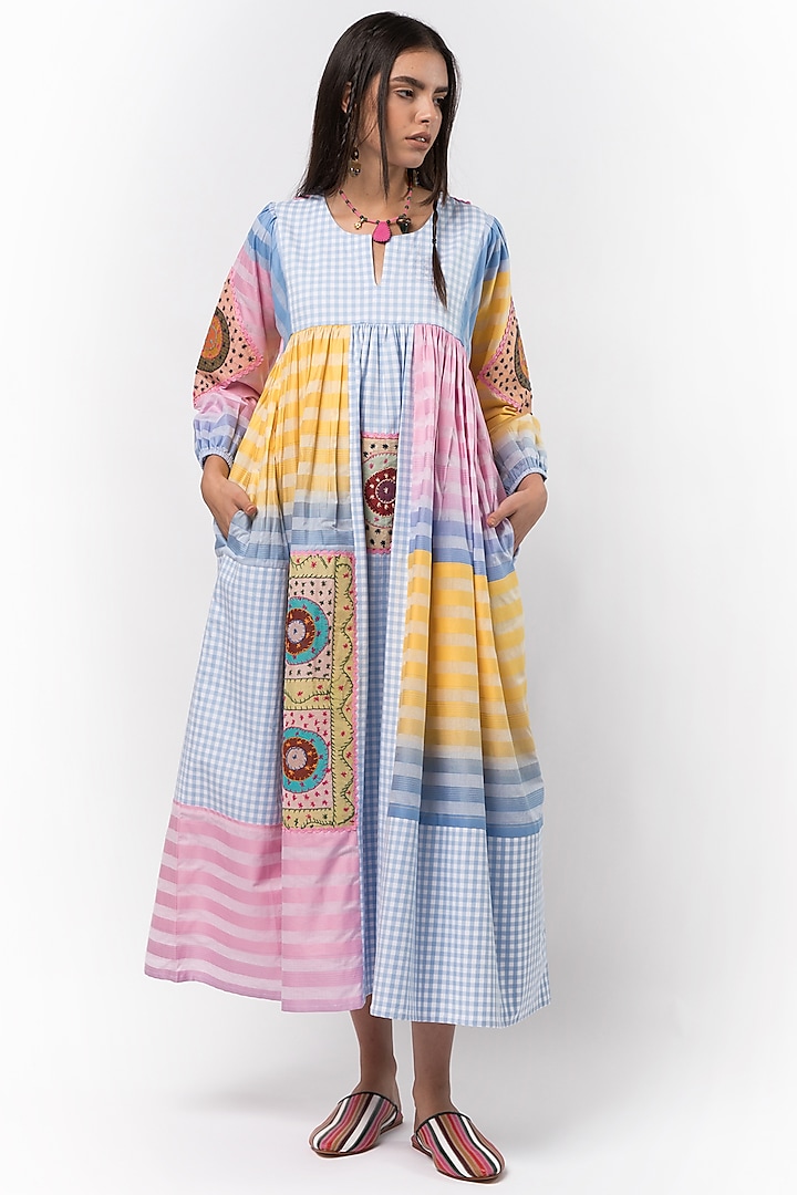 Multi-Colored Hand Embroidered Midi Dress by Rara Avis