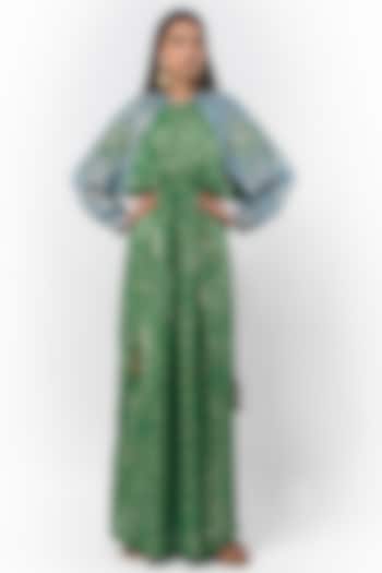 Green & Sky Blue Embroidered Maxi Dress by Rara Avis