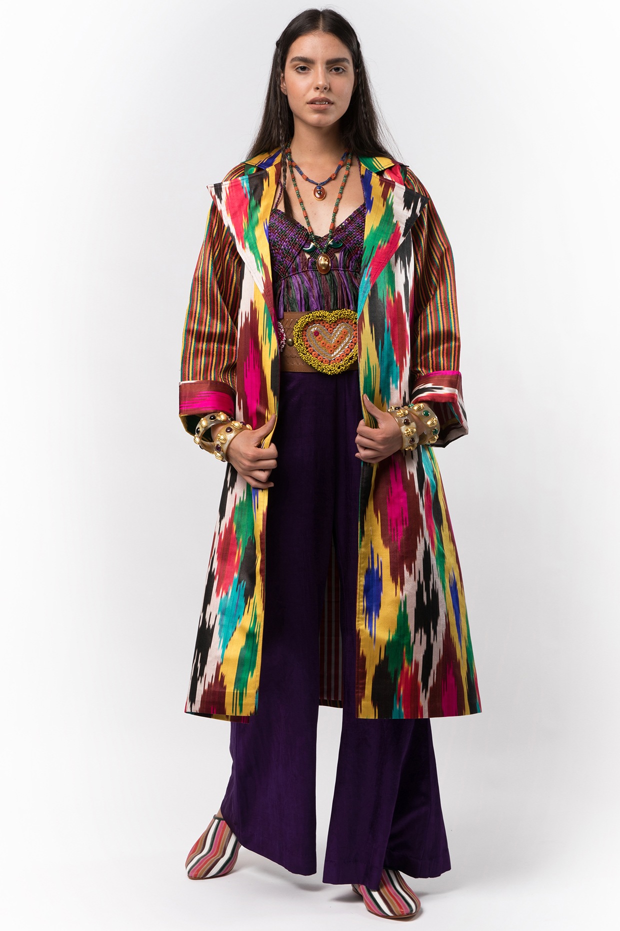 Multi Colored Hand Embroidered Trench Coat by Rara Avis at Pernia s Pop Up Shop 2024