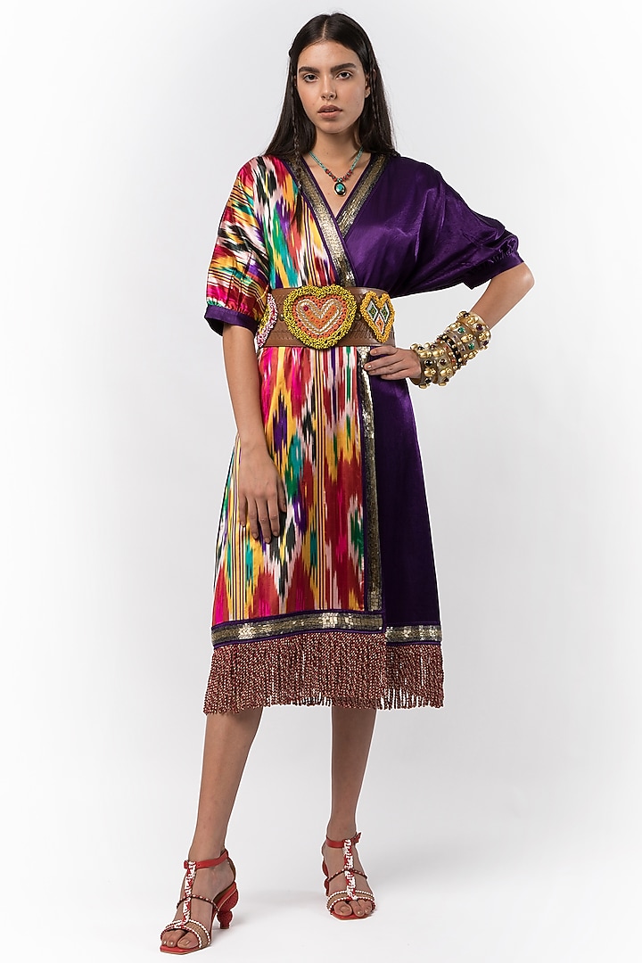 Multi-Colored Handwoven Silk Hand Embroidered Wrap Cocktail Dress by Rara Avis at Pernia's Pop Up Shop