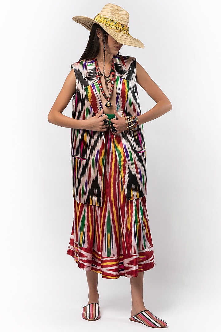 Multi-Colored Uzbeki Silk Long Waist Coat by Rara Avis