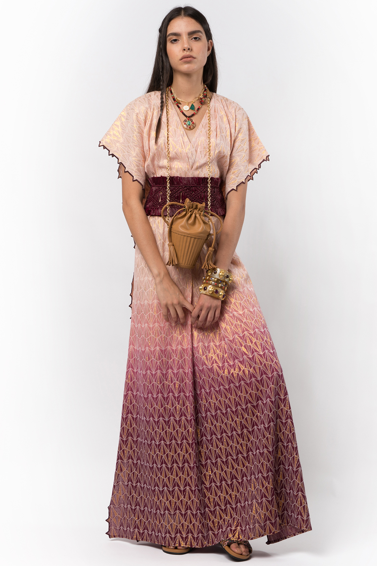 Wine Cotton Lurex Kaftan With Belt by Rara Avis