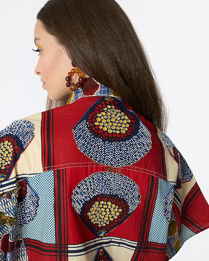 Navy Blue & Red Cotton Printed Jacket by Rara Avis at Pernia's Pop Up Shop