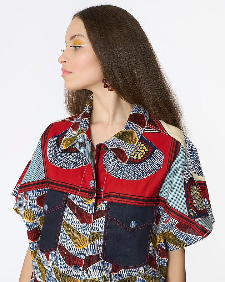 Navy Blue & Red Cotton Printed Jacket by Rara Avis at Pernia's Pop Up Shop