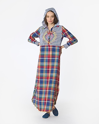 Multi-Colored Cotton Checkered & Hand Embroidered Hoodie Kaftan by Rara Avis
