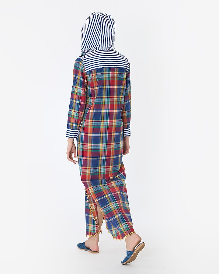 Multi-Colored Cotton Checkered & Hand Embroidered Hoodie Kaftan by Rara Avis at Pernia's Pop Up Shop