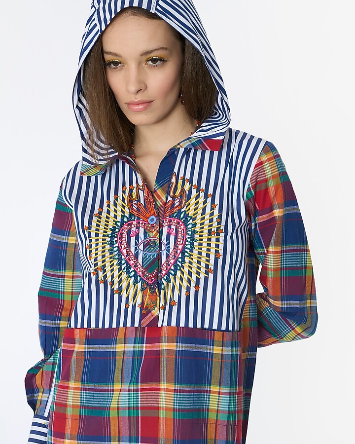 Multi-Colored Cotton Checkered & Hand Embroidered Hoodie Kaftan by Rara Avis at Pernia's Pop Up Shop