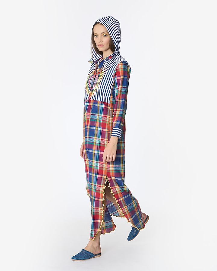 Multi-Colored Cotton Checkered & Hand Embroidered Hoodie Kaftan by Rara Avis at Pernia's Pop Up Shop