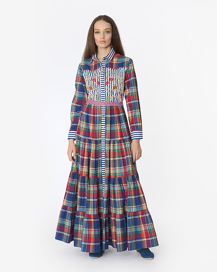 Multi-Colored Cotton Checkered & Hand Embroidered Maxi Dress by Rara Avis