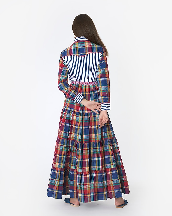 Multi-Colored Cotton Checkered & Hand Embroidered Maxi Cocktail Dress by Rara Avis at Pernia's Pop Up Shop