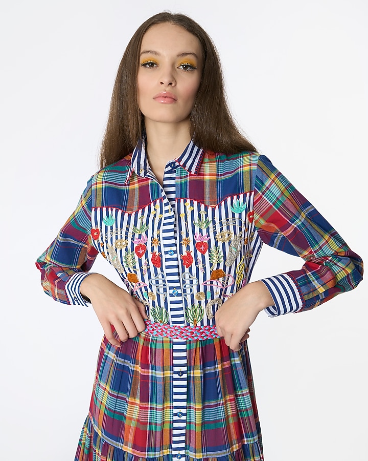 Multi-Colored Cotton Checkered & Hand Embroidered Maxi Cocktail Dress by Rara Avis at Pernia's Pop Up Shop
