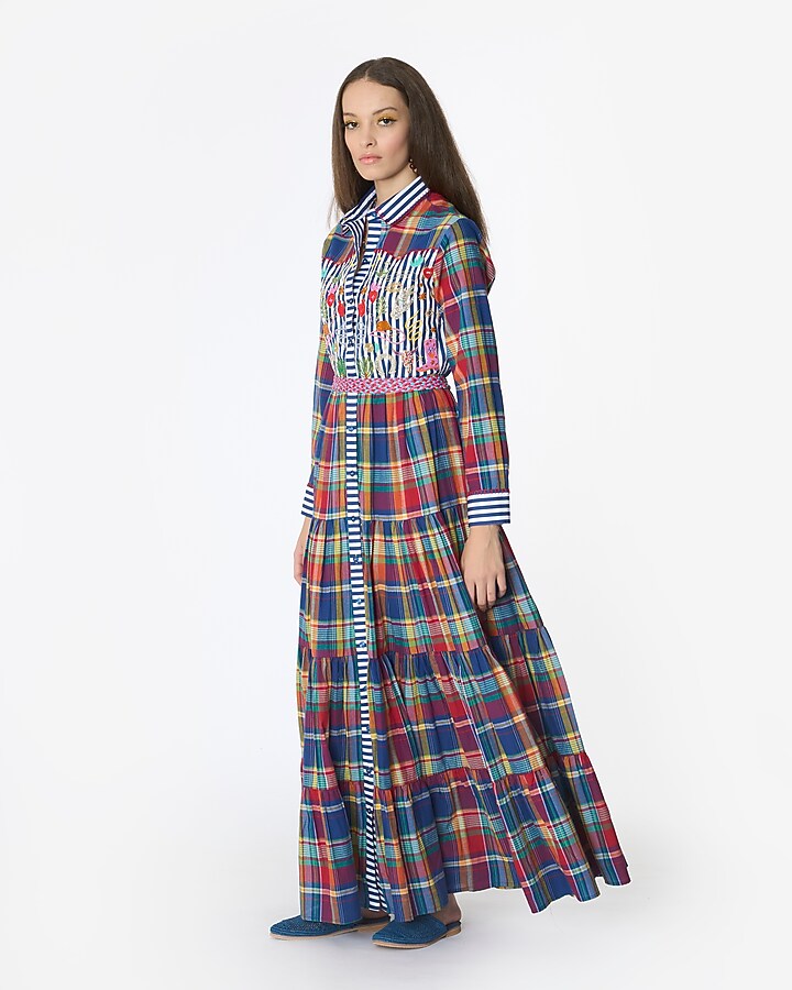 Multi-Colored Cotton Checkered & Hand Embroidered Maxi Cocktail Dress by Rara Avis at Pernia's Pop Up Shop