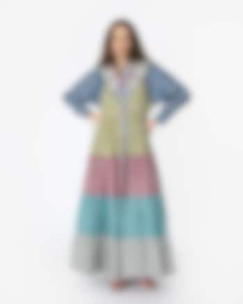 Multi-Colored Cotton Lurex Striped & Color-Blocked Maxi Dress by Rara Avis