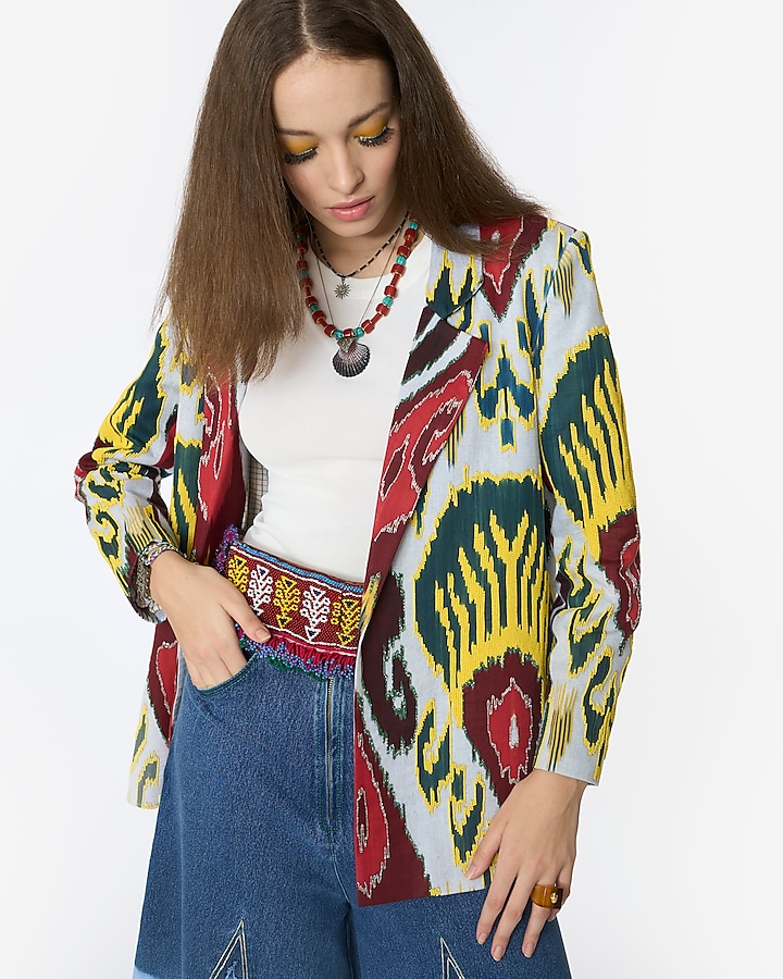 Multi-Colored Cotton Silk Ikat Printed Blazer by Rara Avis