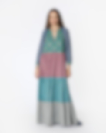 Multi-Colored Cotton Lurex Hand Embroidered Color-Blocked Maxi Dress by Rara Avis
