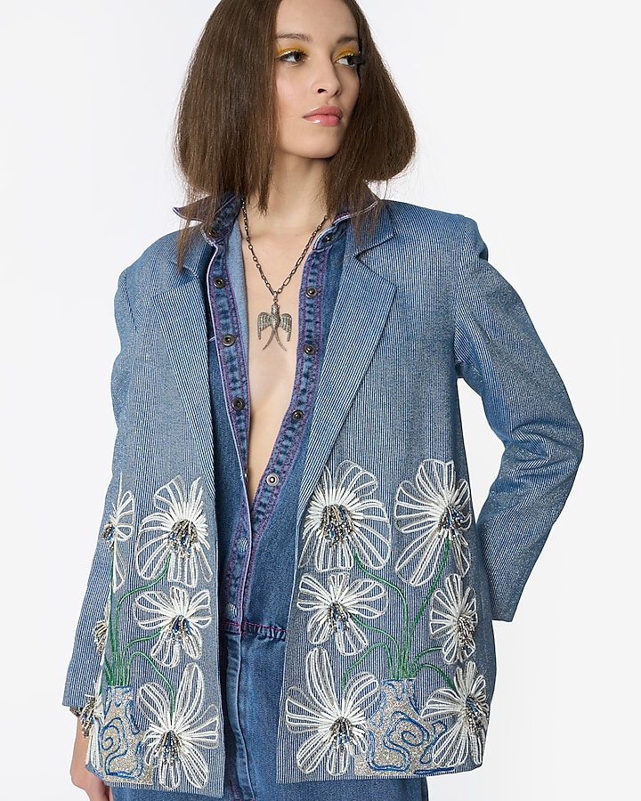 Blue Cotton Lurex Floral Hand Embroidered Blazer Jacket by Rara Avis
