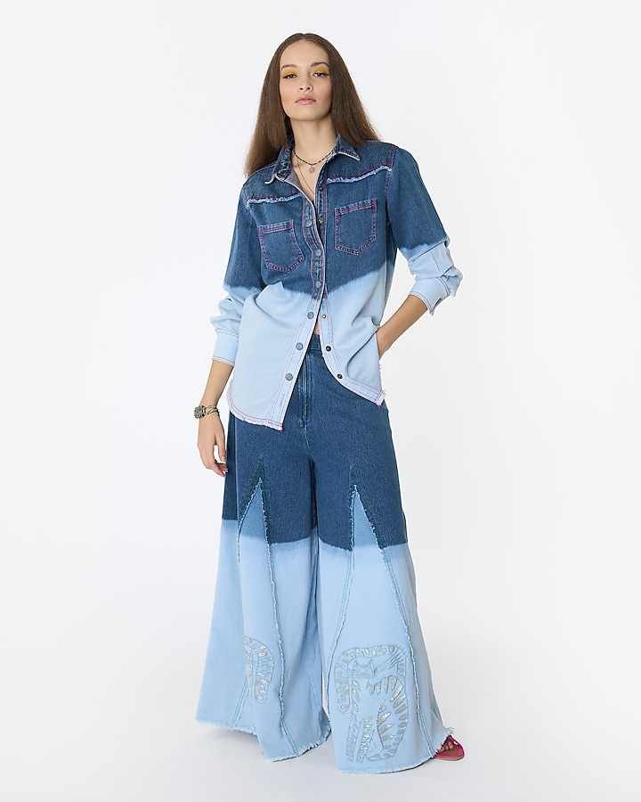 Blue Cotton & Denim Embroidered Flared Pants by Rara Avis