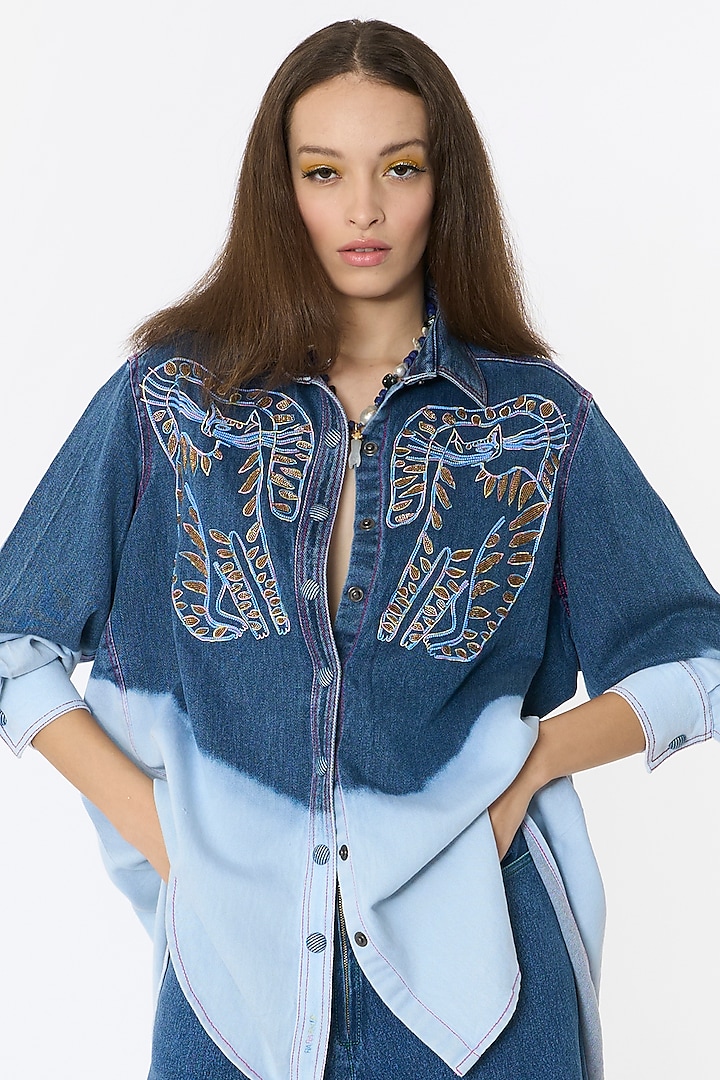 Blue Cotton & Denim Embroidered Shirt by Rara Avis