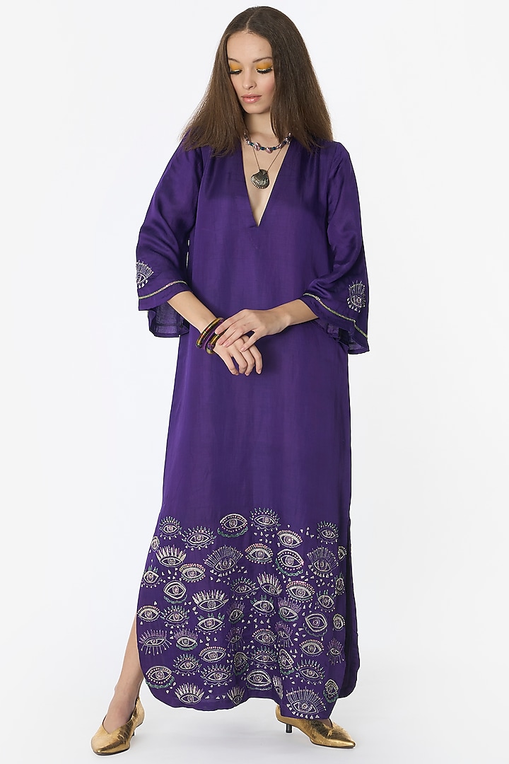 Violet Linen Satin Embroidered Maxi Dress by Rara Avis