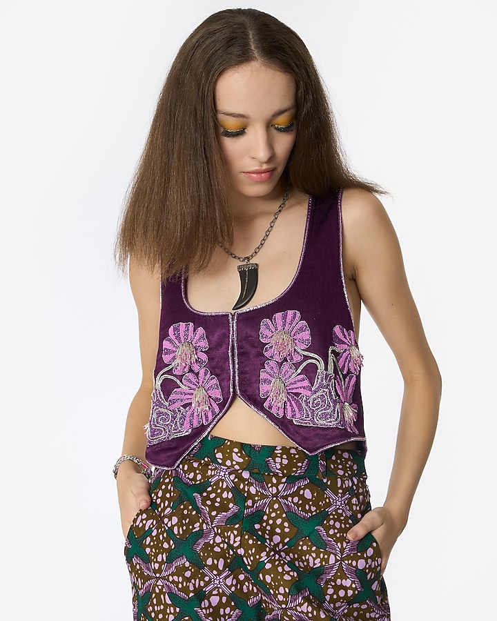 Violet Silk Hand Embroidered Waistcoat by Rara Avis
