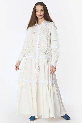 Ivory Cotton Dabka Hand Work Maxi Dress by Rara Avis