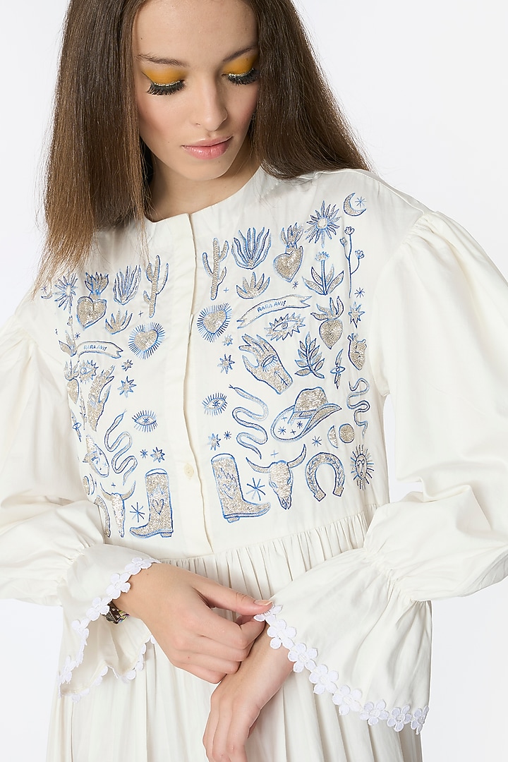Ivory Cotton Hand Embroidered TIered Maxi Cocktail Dress by Rara Avis at Pernia's Pop Up Shop
