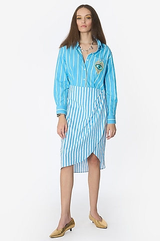 Blue & White Cotton Striped Knee-Length Dress by Rara Avis