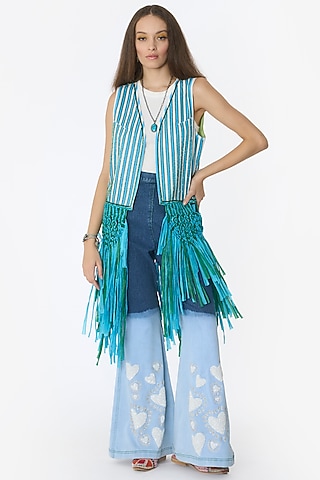 Multi-Colored Cotton & Raffia Hand Embroidered Striped Gilet by Rara Avis