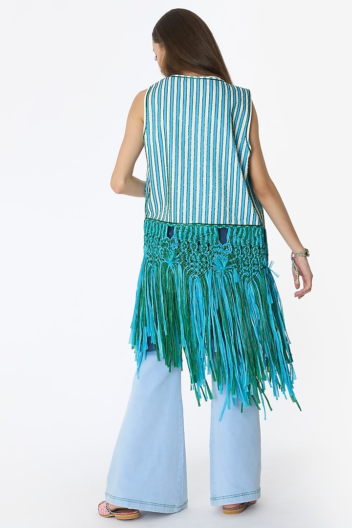 Multi-Colored Cotton & Raffia Hand Embroidered Striped Gilet by Rara Avis at Pernia's Pop Up Shop