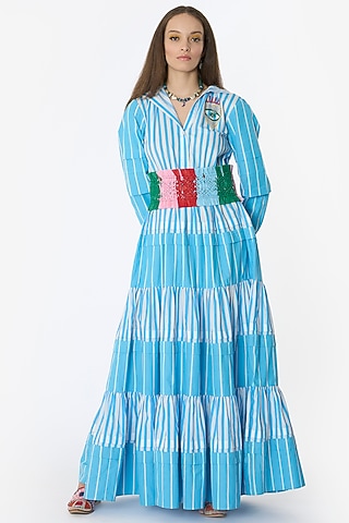 Blue & White Cotton Gathered Maxi Hoodie Dress by Rara Avis