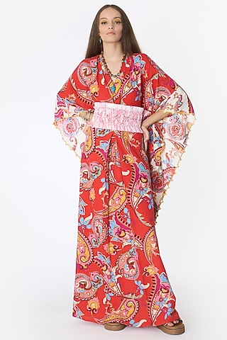 Red Cotton Paisley Kaftan With Belt by Rara Avis