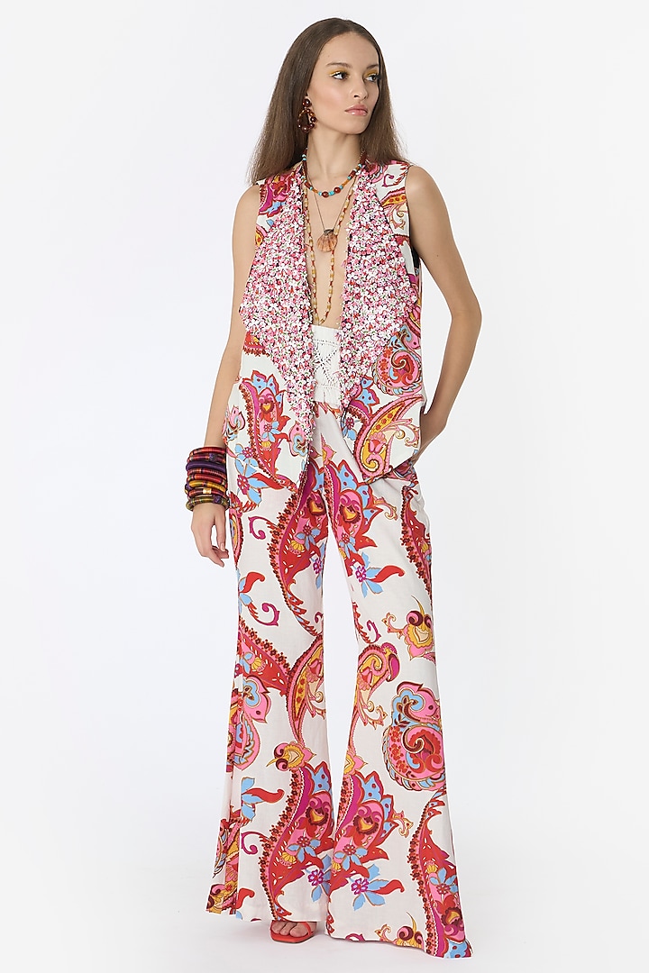 Multi-Colored Cotton Hand Embroidered & Paisley Printed Gilet by Rara Avis