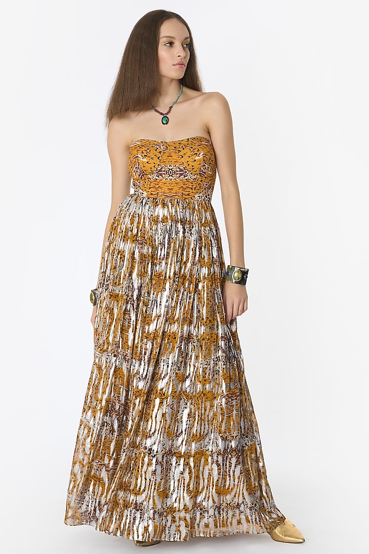 Mustard Cotton Lurex Leopard Printed Maxi Dress by Rara Avis