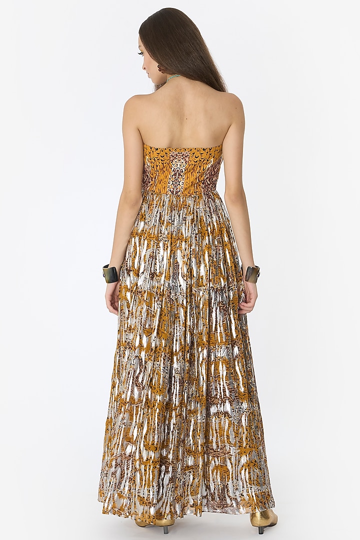 Mustard Cotton Lurex Leopard Printed Maxi Cocktail Dress by Rara Avis at Pernia's Pop Up Shop