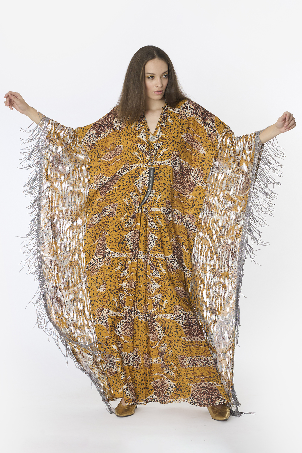 Mustard Cotton Lurex Leopard Printed Kaftan by Rara Avis at Pernia's Pop Up Shop