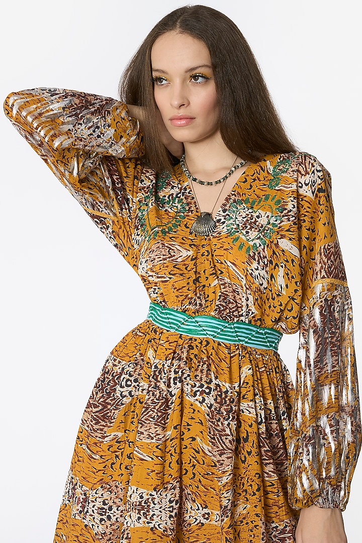 Mustard Cotton Silk Leopard Printed & Embroidered Midi Cocktail Dress by Rara Avis at Pernia's Pop Up Shop