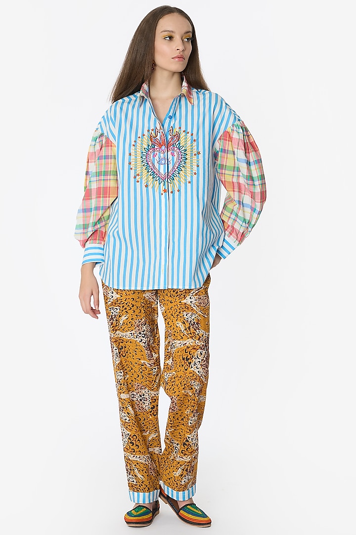 Multi-Colored Cotton Hand Embroidered Checkered Shirt by Rara Avis