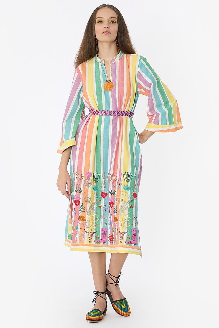Pastel Multi-Colored Cotton Handwork & Striped Midi Cocktail Dress by Rara Avis at Pernia's Pop Up Shop