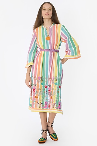 Pastel Multi-Colored Cotton Handwork & Striped Midi Dress by Rara Avis