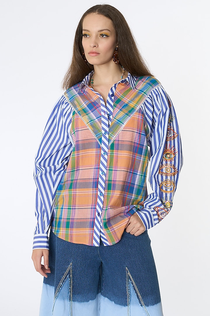 Multi-Colored Cotton Hand Embroidered Checkered Shirt by Rara Avis