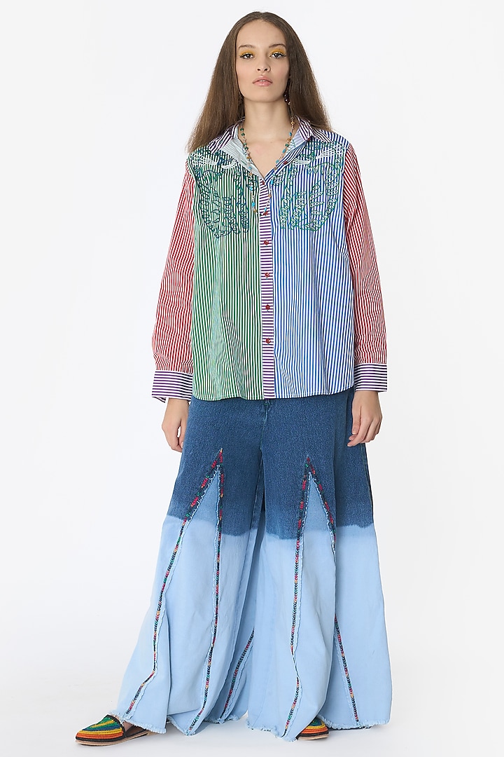Multi-Colored Cotton Hand Embroidered & Color Blocked Shirt by Rara Avis