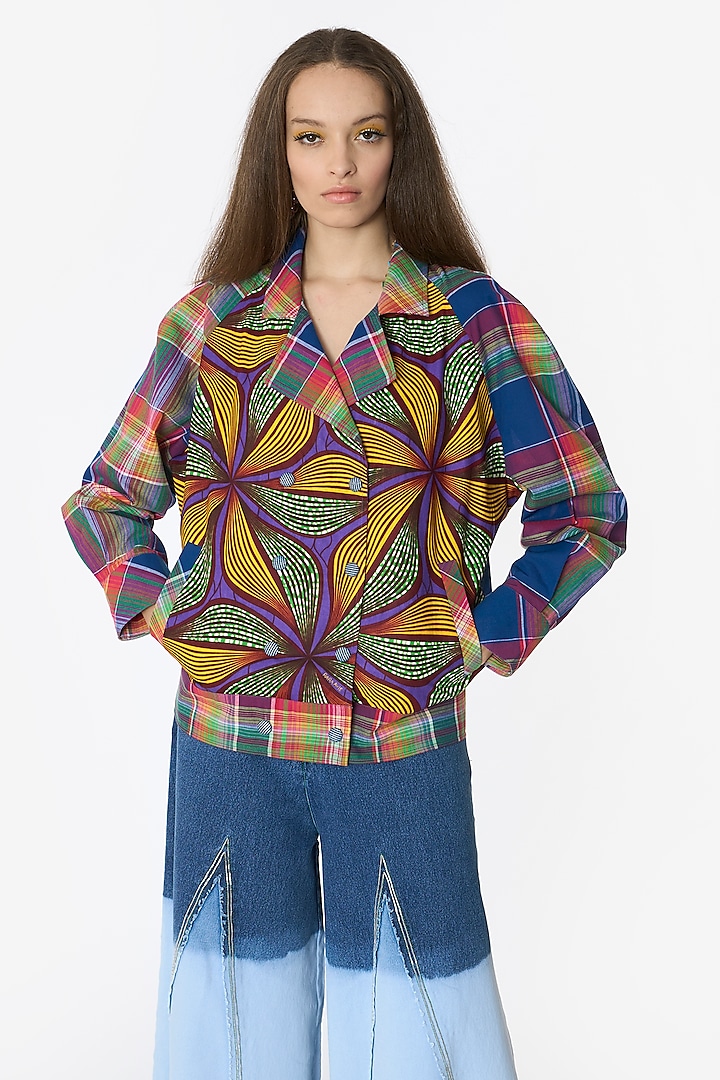Multi-Colored Cotton Hand Embroidered Checkered Jacket by Rara Avis