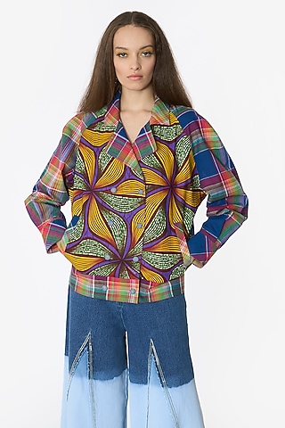 Multi-Colored Cotton Hand Embroidered Checkered Jacket by Rara Avis