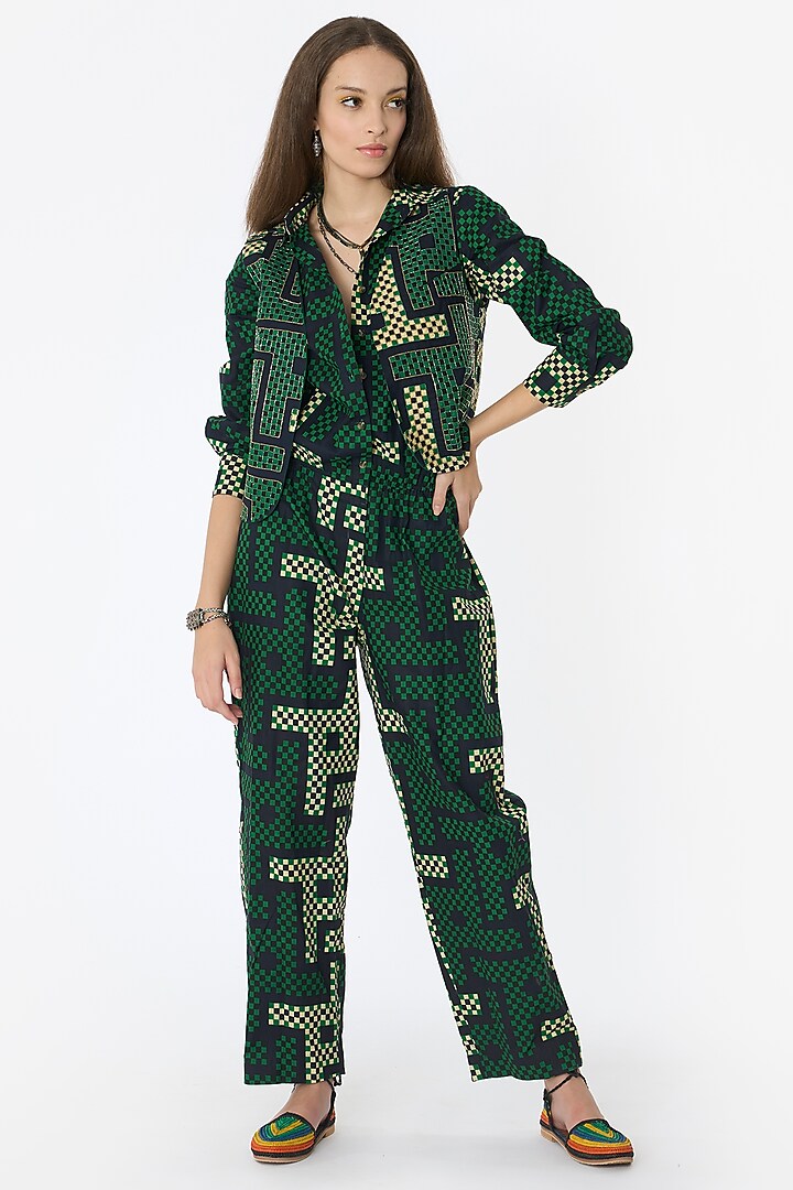 Green Cotton Hand Embroidered & Printed Jacket by Rara Avis
