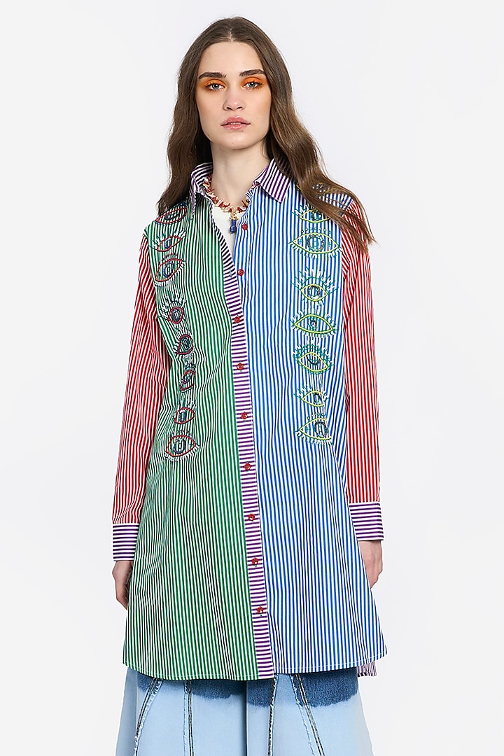 Multi-Colored Cotton Embroidered & Color Blocked Shirt by Rara Avis
