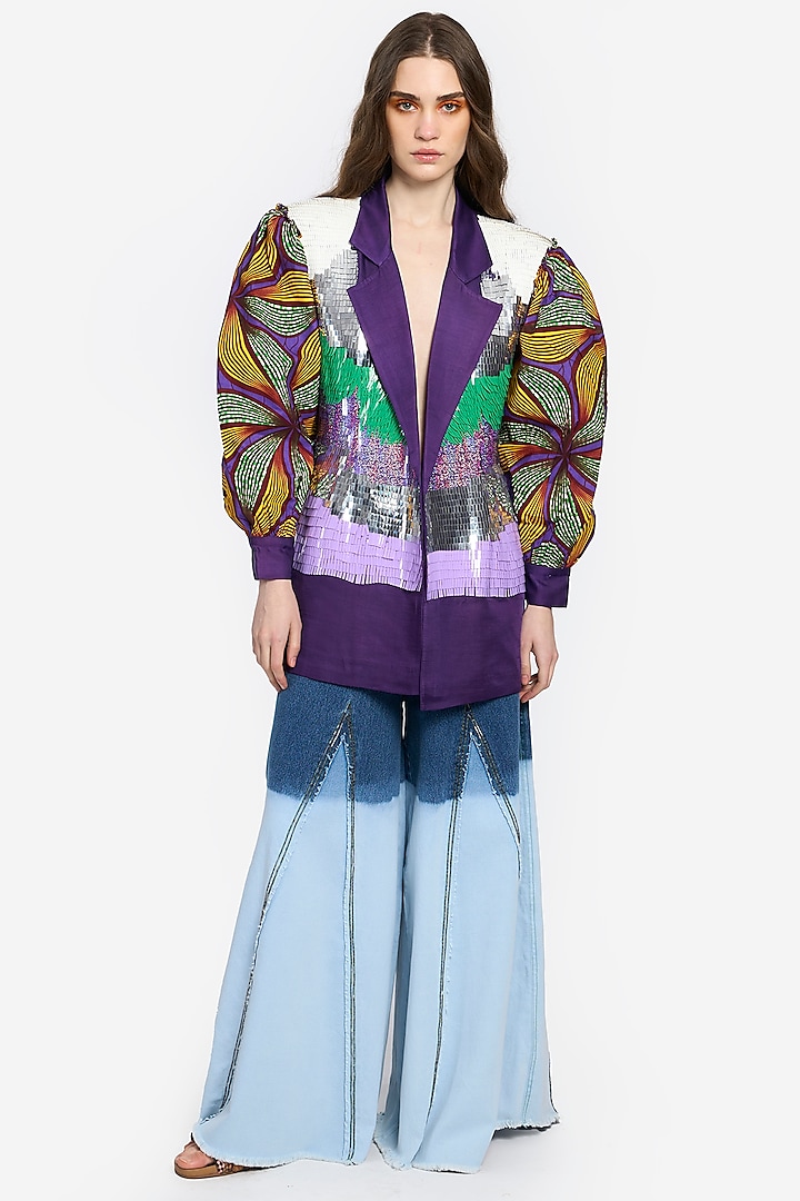 Violet Cotton & Linen Satin Hand Embroidered Blazer by Rara Avis
